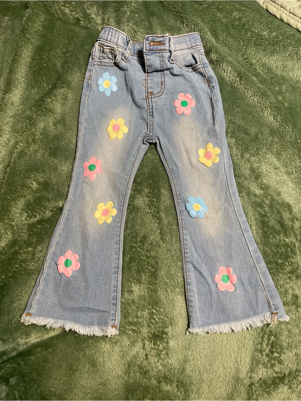 SHEIN Light Wash Flared Jeans with Pink, Yellow, Blue Floral Patches